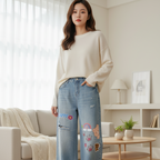 Women’s Vintage-Wash Distressed Wide-Leg Jeans with Animal Print Graphic Art ODMPOD