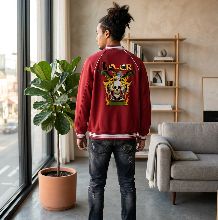 Gothic Tiger Skull Graphic Contrast Trim Raglan Varsity Unisex  Jacket