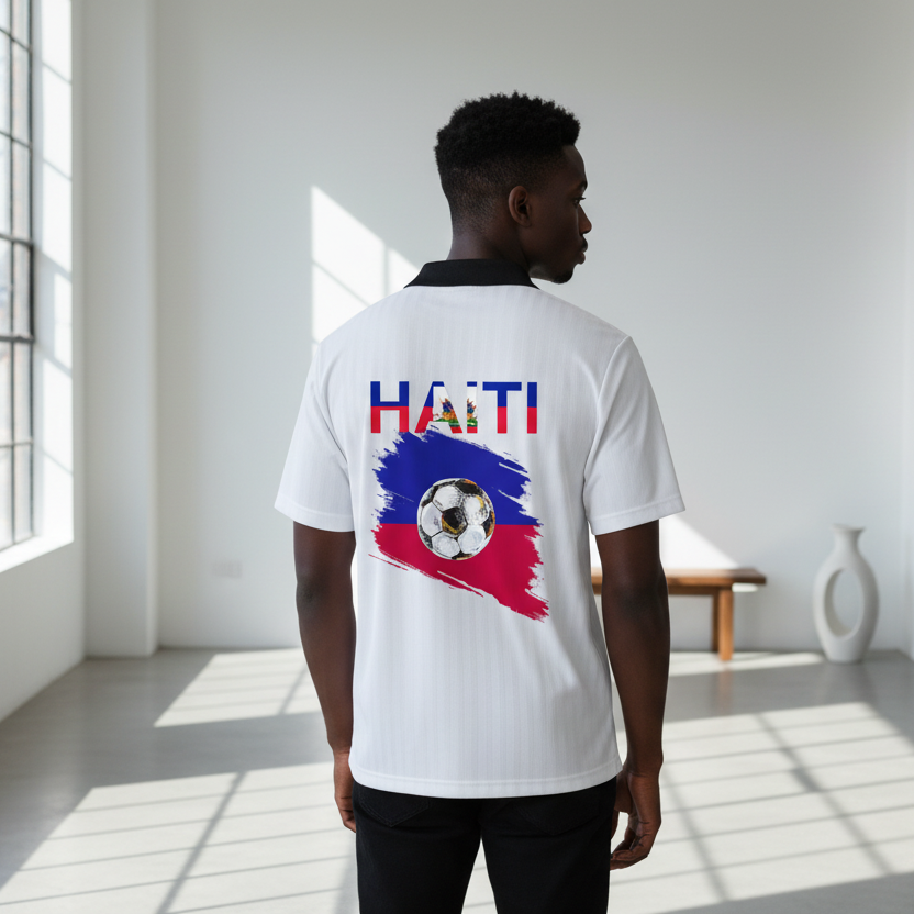 Haiti Flag Themed Contrast Collar Striped Soccer Jersey
