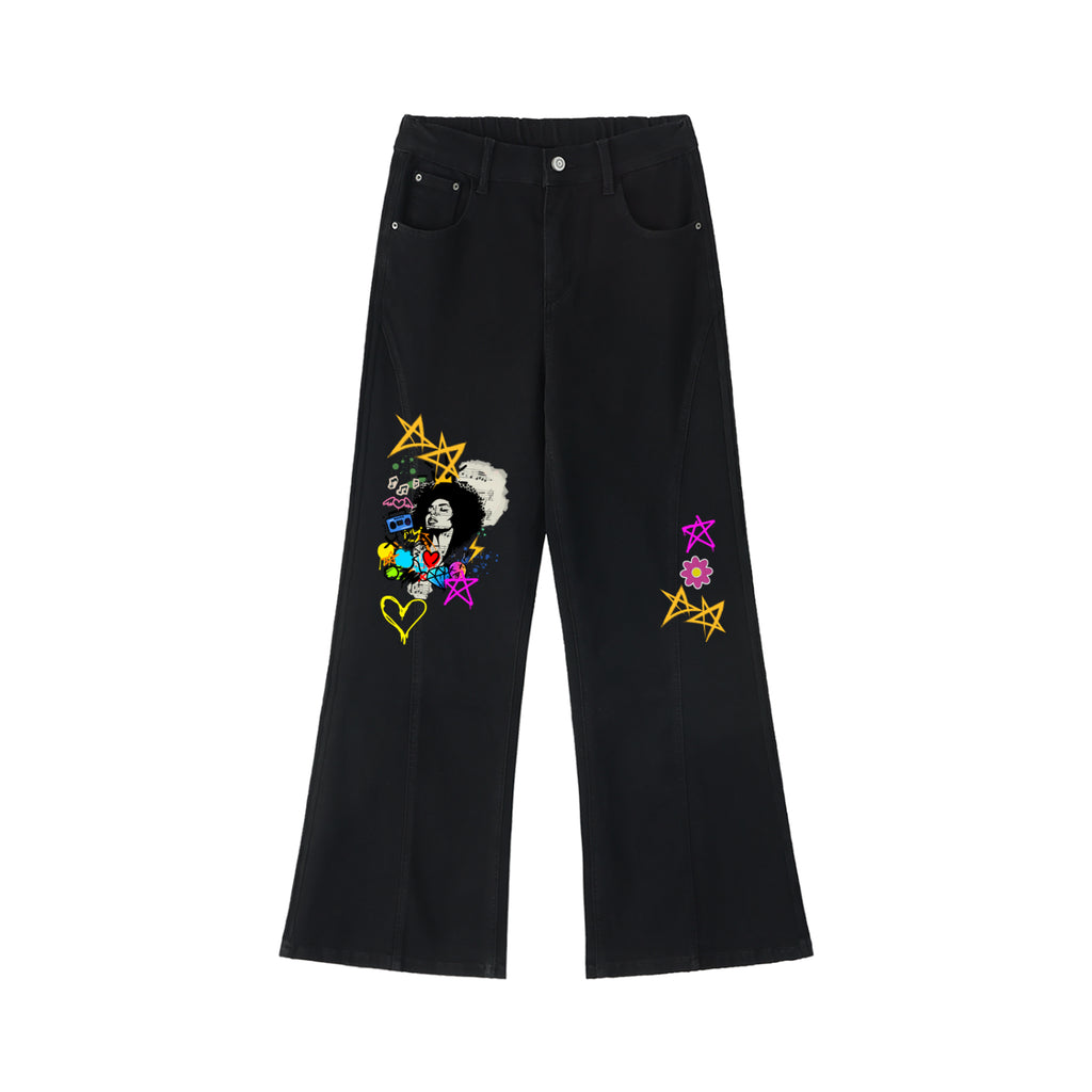 Women's Flared Leg Jeans Featuring Afro-Centric Music and Graffiti Art Graphics ODMPOD