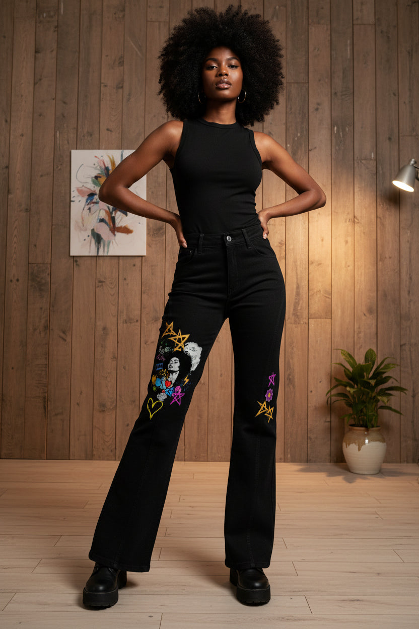 Afro Music & Graffiti Art Graphic Women's Flared Leg Jeans