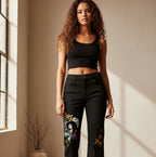 Women's Flared Leg Jeans Featuring Afro-Centric Music and Graffiti Art Graphics ODMPOD