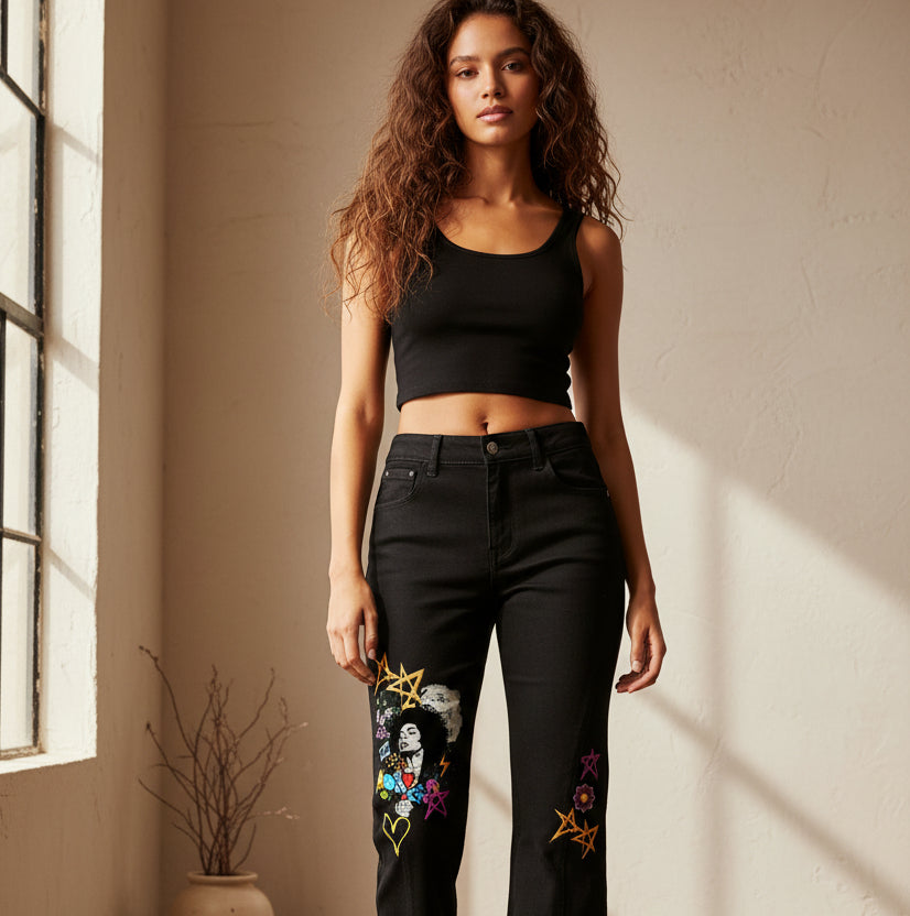 Afro Music & Graffiti Art Graphic Women's Flared Leg Jeans