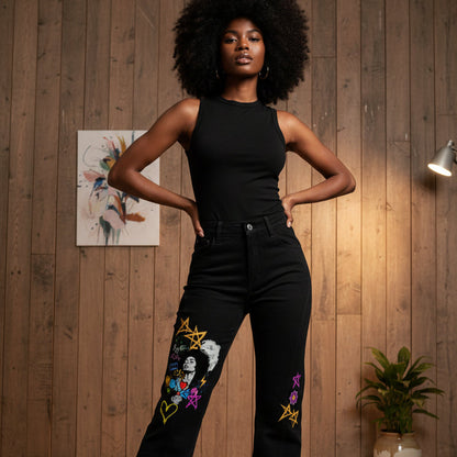 Afro Music & Graffiti Art Graphic Women's Flared Leg Jeans