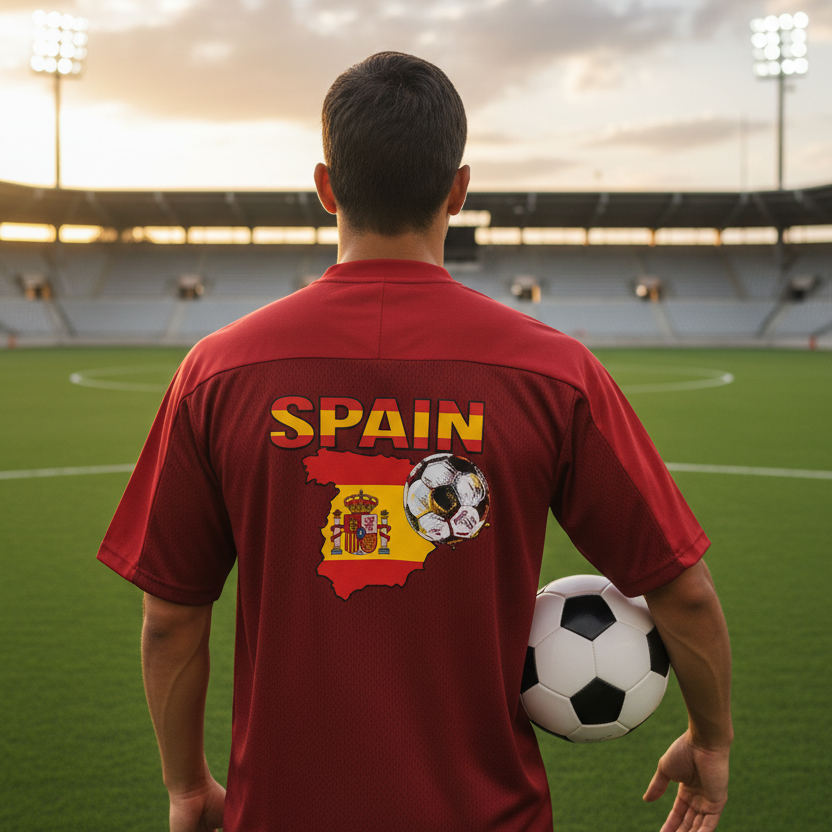 Spain Flag Themed Graphic Mesh V-Neck Soccer Jersey
