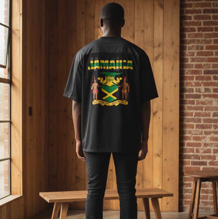 Jamaican Flag Themed Graphic Mesh V-Neck Soccer Jersey
