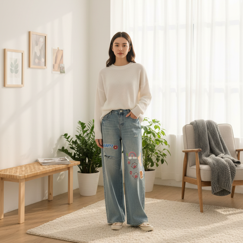 Sticker  Animal Print Graphic Women's Vintage Wash Distressed Wide Leg Jeans