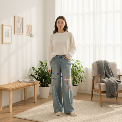 Sticker  Animal Print Graphic Women's Vintage Wash Distressed Wide Leg Jeans