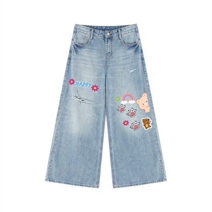 Sticker  Animal Print Graphic Women's Vintage Wash Distressed Wide Leg Jeans