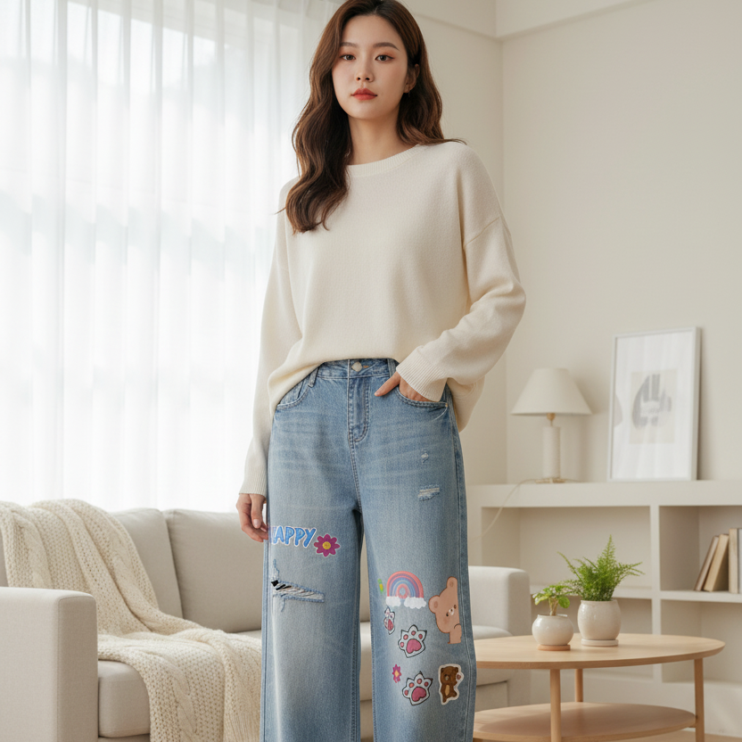 Sticker  Animal Print Graphic Women's Vintage Wash Distressed Wide Leg Jeans