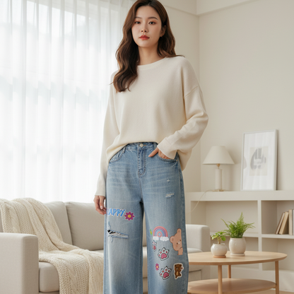 Sticker  Animal Print Graphic Women's Vintage Wash Distressed Wide Leg Jeans