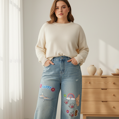 Sticker  Animal Print Graphic Women's Vintage Wash Distressed Wide Leg Jeans