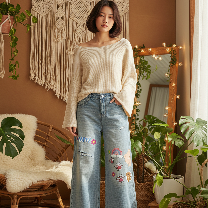 Sticker  Animal Print Graphic Women's Vintage Wash Distressed Wide Leg Jeans