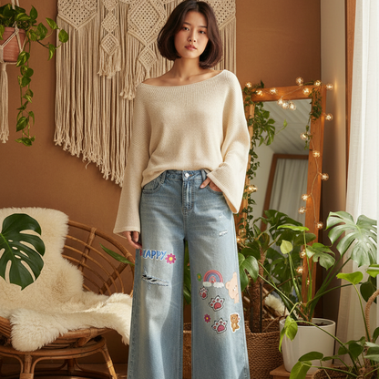 Sticker  Animal Print Graphic Women's Vintage Wash Distressed Wide Leg Jeans