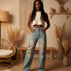 Unisex 1990s-Themed  Graphic Denim Jeans,  Sun-faded Finish and Raw-edge Hems