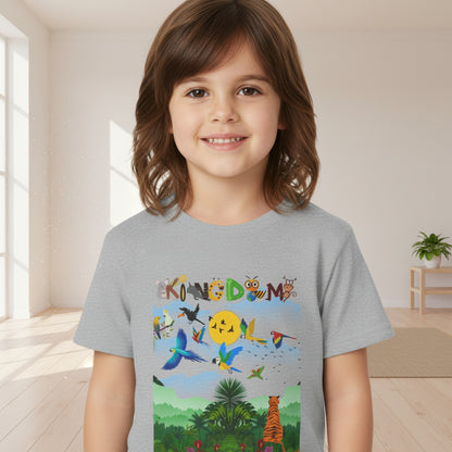 Toddler T‑Shirt — "Kingdom" Jungle Animals Design (Colorful Birds & Sunshine)
