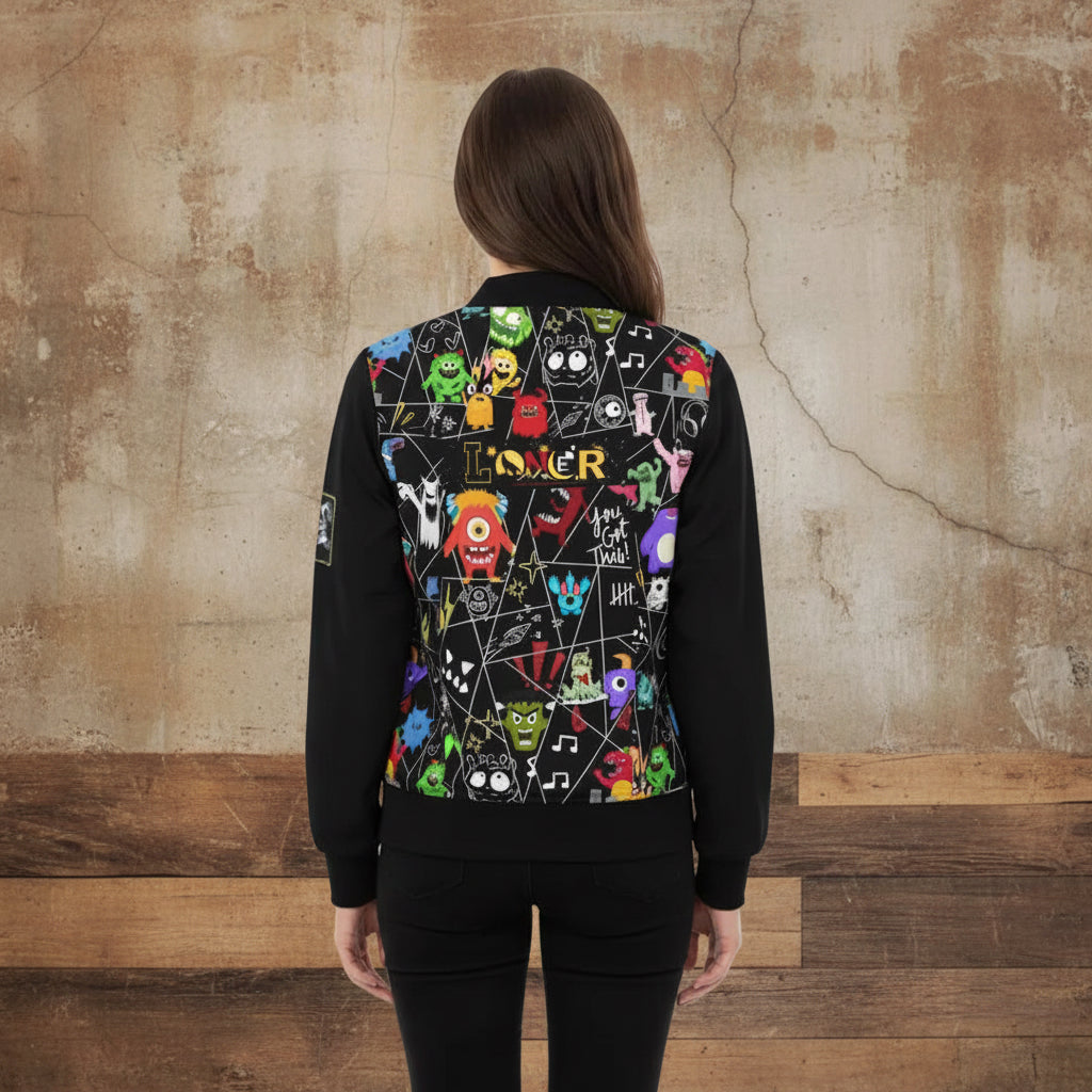 Monster Themed Cartoon Colorful Graphic Women's Jacket, Trendy Outerwear Printify