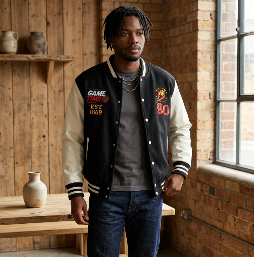 Fall and Football Themed GrahicTwo-Tone Fleeced Varsity Unisex Jacket