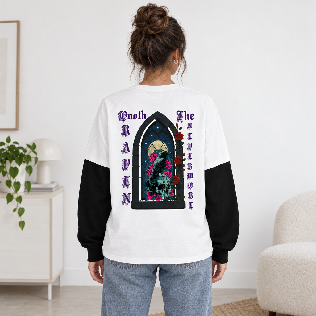 Quoth The Raven Layered Contrast Sleeve Cotton Unisex T-Shirt
