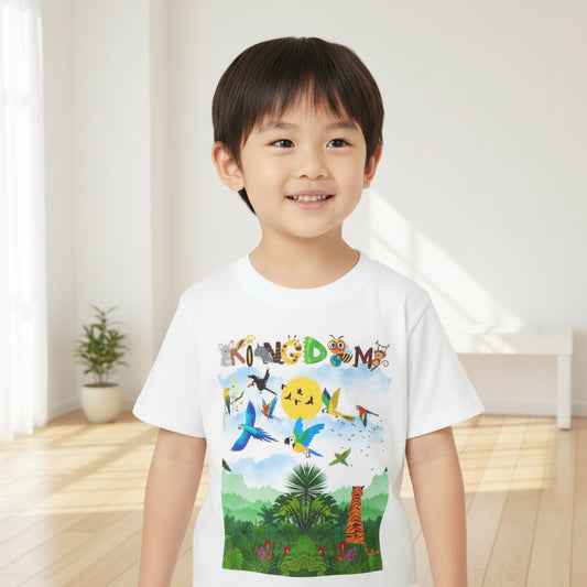 Toddler T‑Shirt — "Kingdom" Jungle Animals Design (Colorful Birds & Sunshine)