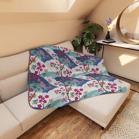 Asia Inspired Floral Sherpa Blanket, Cozy Throw, Snuggle Blanket