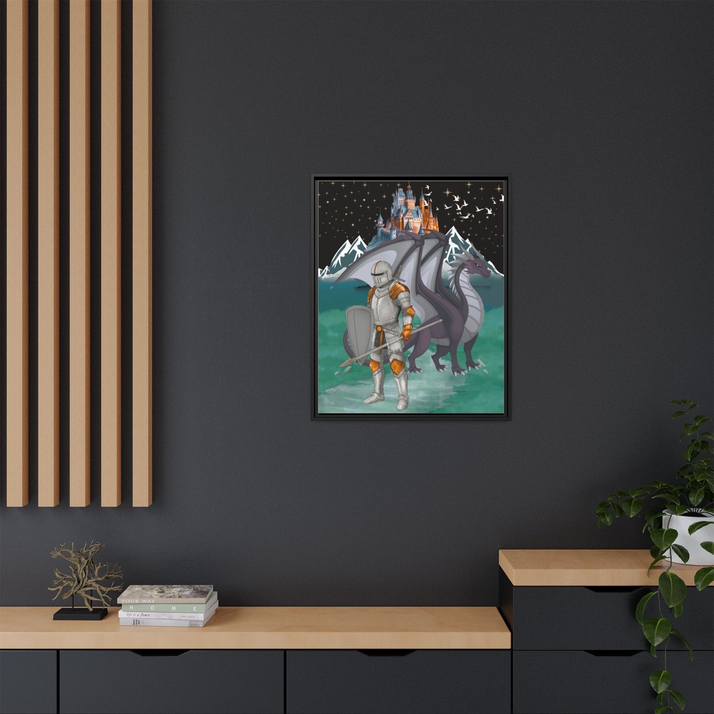 Knight and Dragon Fantasy Art, Framed Matte Canvas