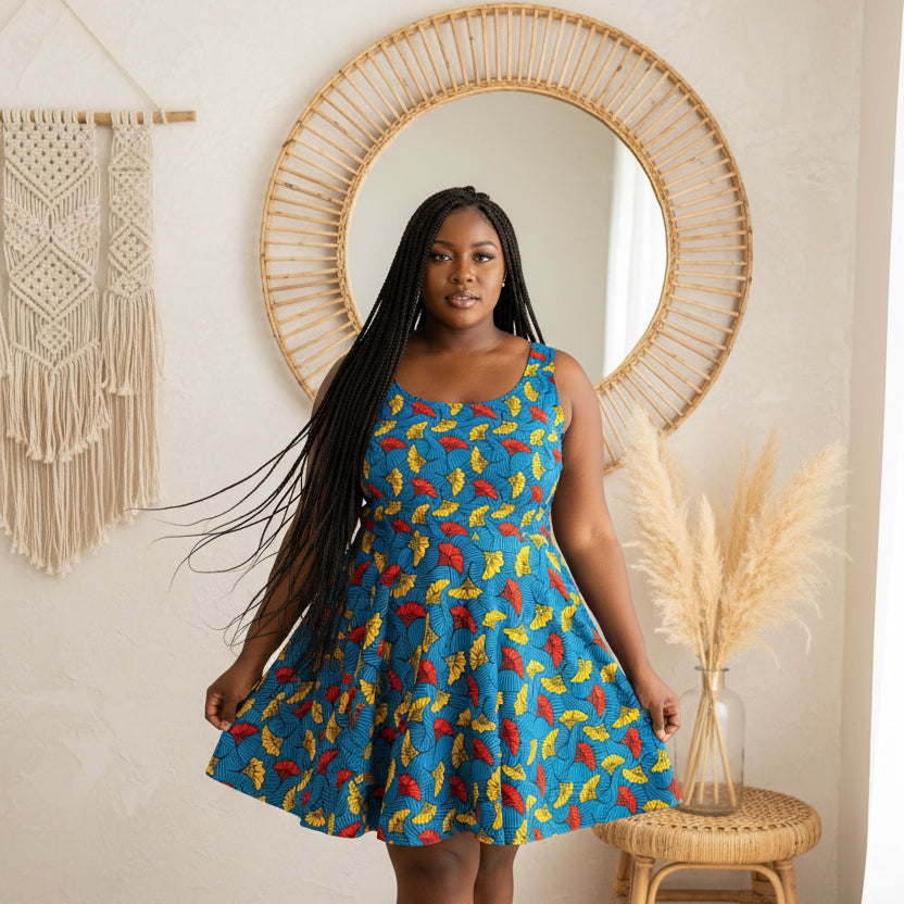 Tropical Leaf Skater Dress — Bright Blue All-Over Print Women's Dress