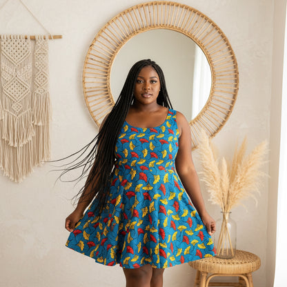 Tropical Leaf Skater Dress — Bright Blue All-Over Print Women's Dress