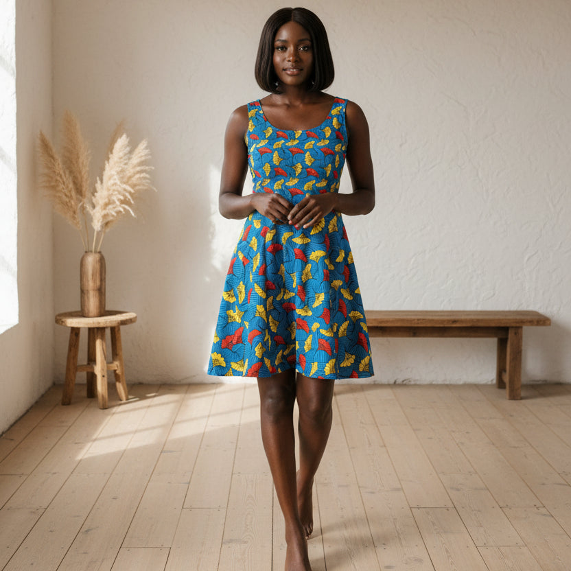 Tropical Leaf Skater Dress — Bright Blue All-Over Print Women's Dress Printify