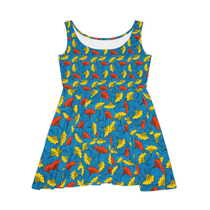 Tropical Leaf Skater Dress — Bright Blue All-Over Print Women's Dress