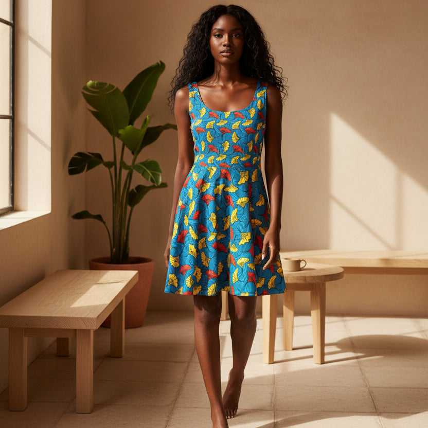 Tropical Leaf Skater Dress — Bright Blue All-Over Print Women's Dress