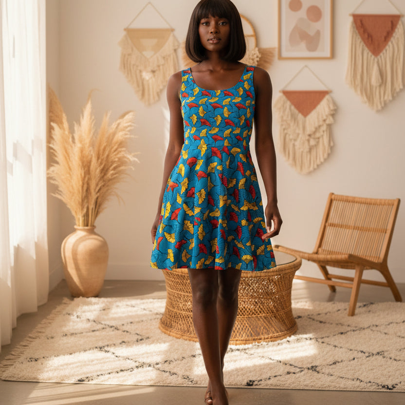 Tropical Leaf Skater Dress — Bright Blue All-Over Print Women's Dress
