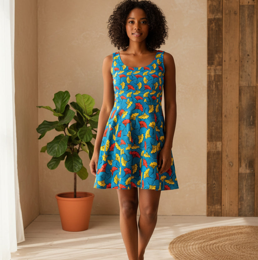 Tropical Leaf Skater Dress — Bright Blue All-Over Print Women's Dress