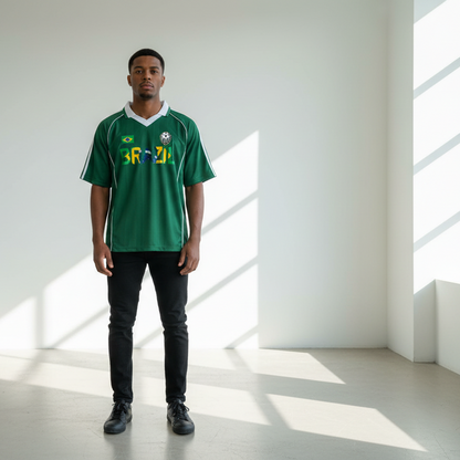 Brazil Flag Themed Graphic Shadow Stripe Collared Soccer Unisex Jersey