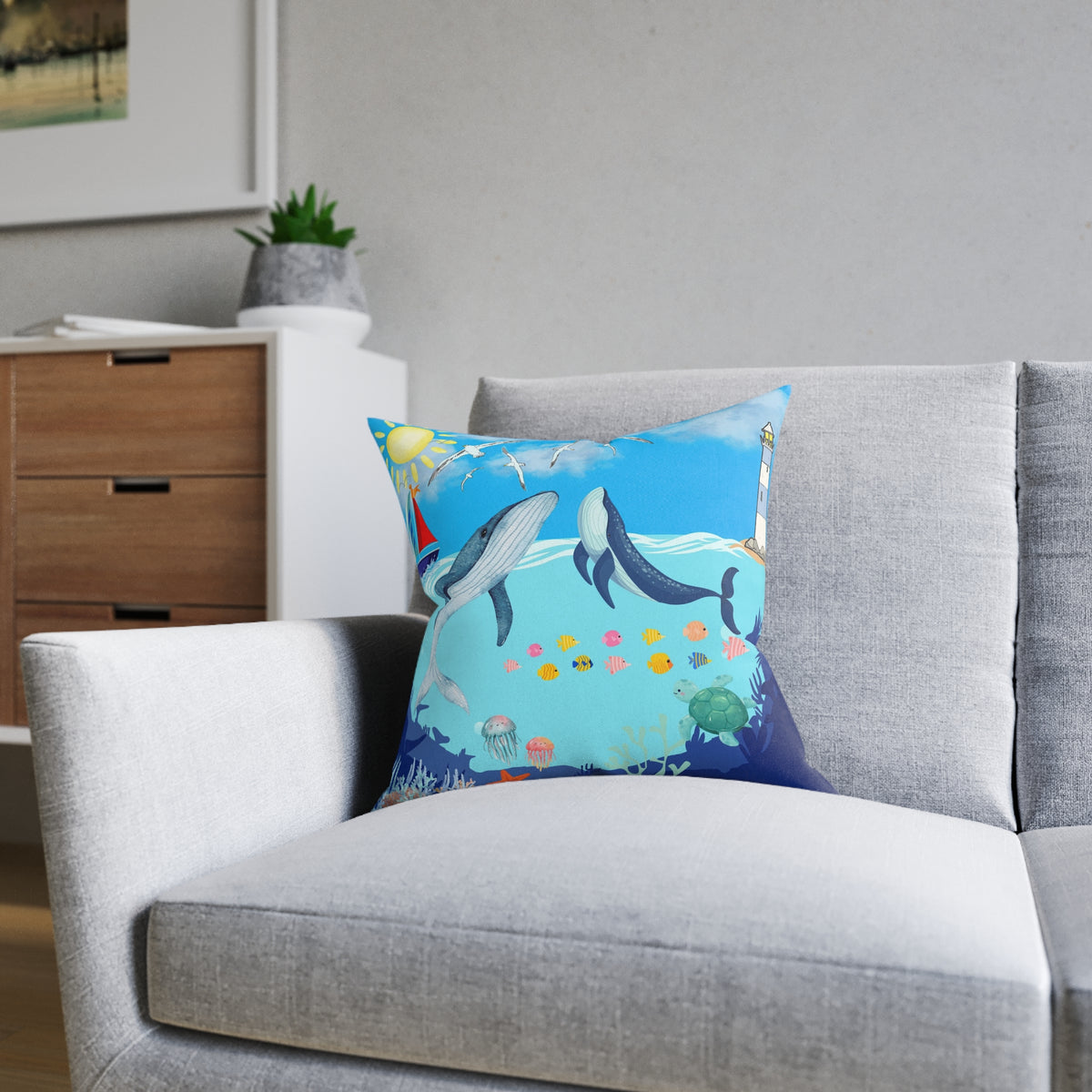Whale Adventure Square Pillow – Coastal Home Decor Printify