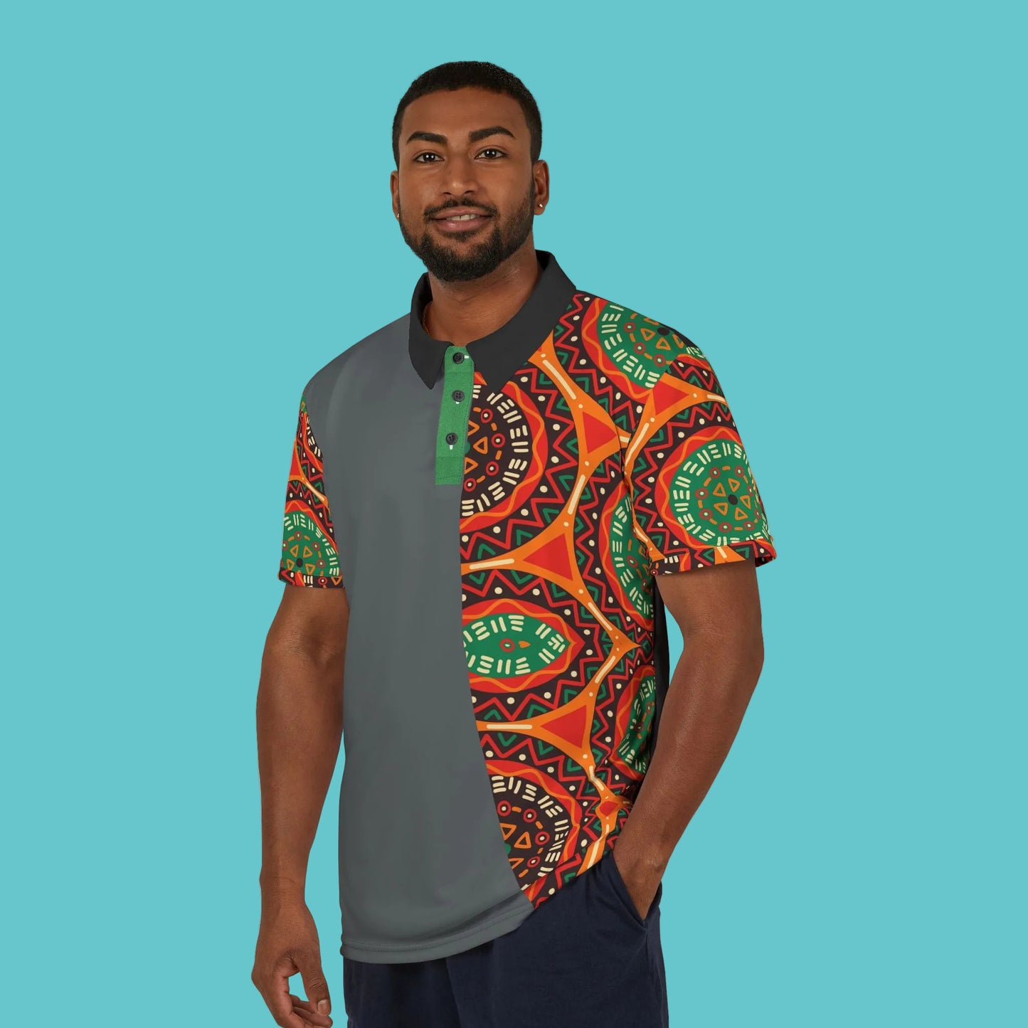 African Mandala Print Polo Shirt — Bold Orange & Green Tribal Pattern