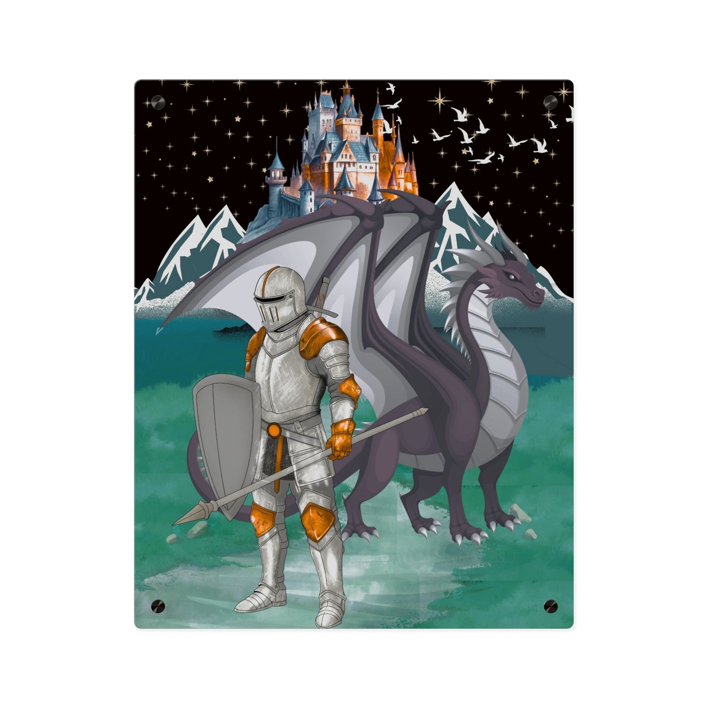 Knight and Dragon Acrylic Wall Art Panel — Fantasy Castle Nightscape Décor