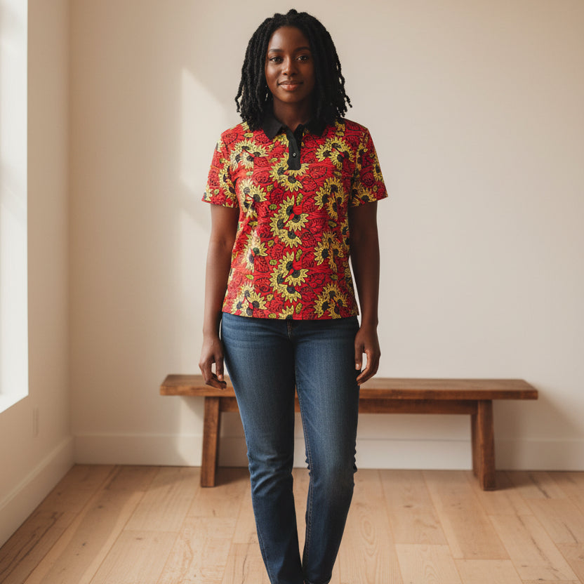African Wax Print Polo Shirt — Red & Yellow Sunflower Pattern