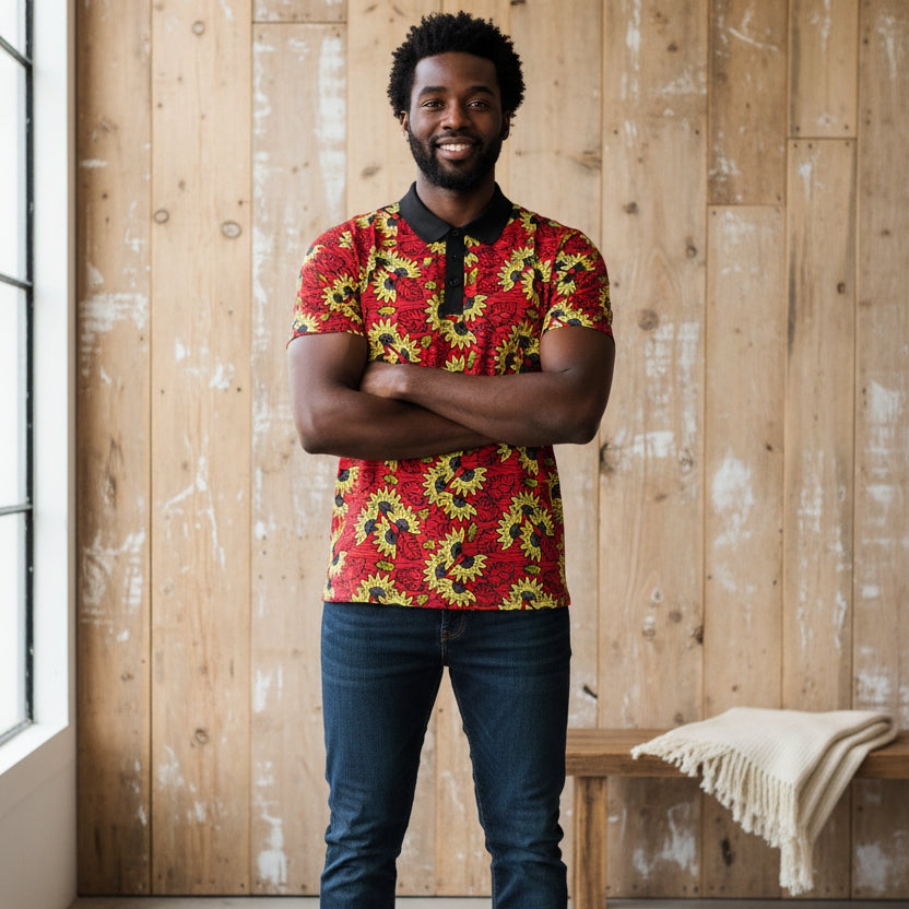 African Wax Print Polo Shirt — Red & Yellow Sunflower Pattern