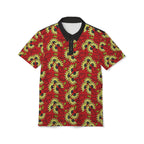 African Wax Print Polo Shirt — Red & Yellow Sunflower Pattern