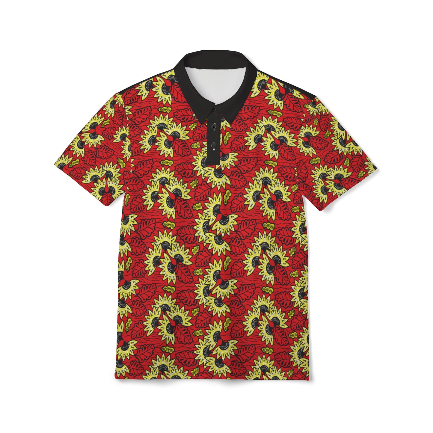 African Wax Print Polo Shirt — Red & Yellow Sunflower Pattern