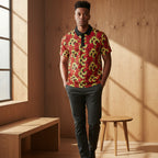 African Wax Print Polo Shirt — Red & Yellow Sunflower Pattern