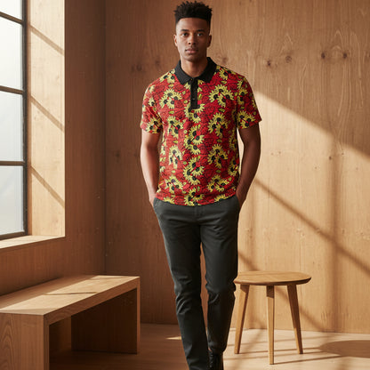 African Wax Print Polo Shirt — Red & Yellow Sunflower Pattern