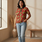 African Wax Print Polo Shirt — Red & Yellow Sunflower Pattern