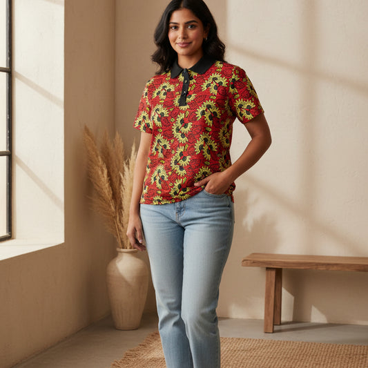African Wax Print Polo Shirt — Red & Yellow Sunflower Pattern