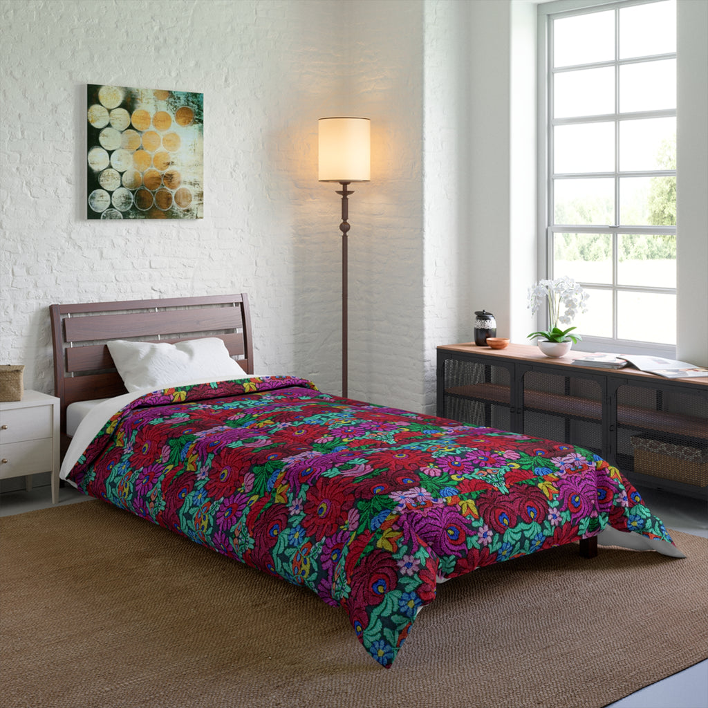 Floral Bohemian Comforter — Vibrant Red & Teal Patterned Bedding Printify
