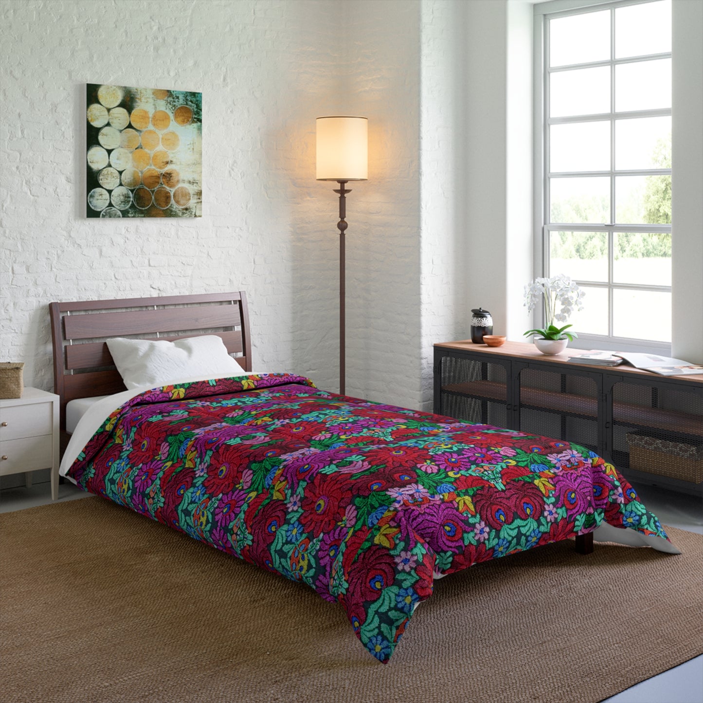 Floral Bohemian Comforter — Vibrant Red & Teal Patterned Bedding