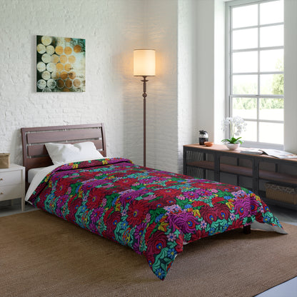 Floral Bohemian Comforter — Vibrant Red & Teal Patterned Bedding