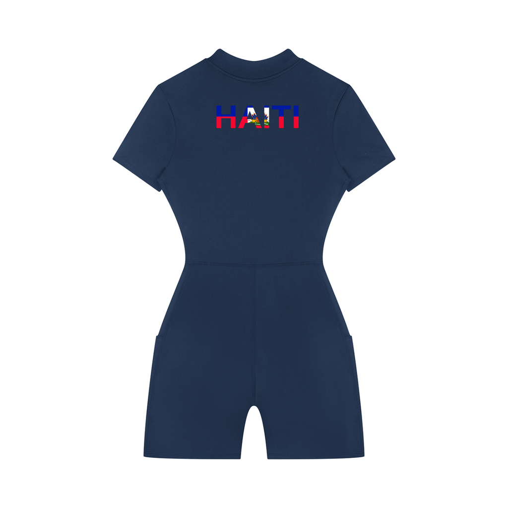 Women's Quarter-Zip Short Sleeve Romper featuring the Haiti Flag Art