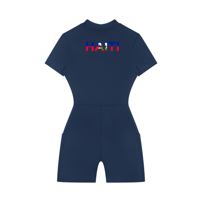 Haiti Flag Themed Women's Quarter-Zip Short Sleeve Romper
